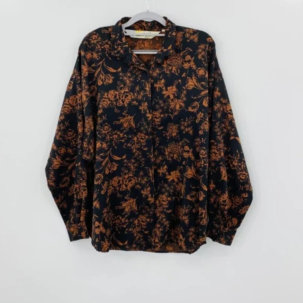 Vintage 90s DVF Diane Von Furstenberg Silk Floral Blouse Black Orange Size 18W